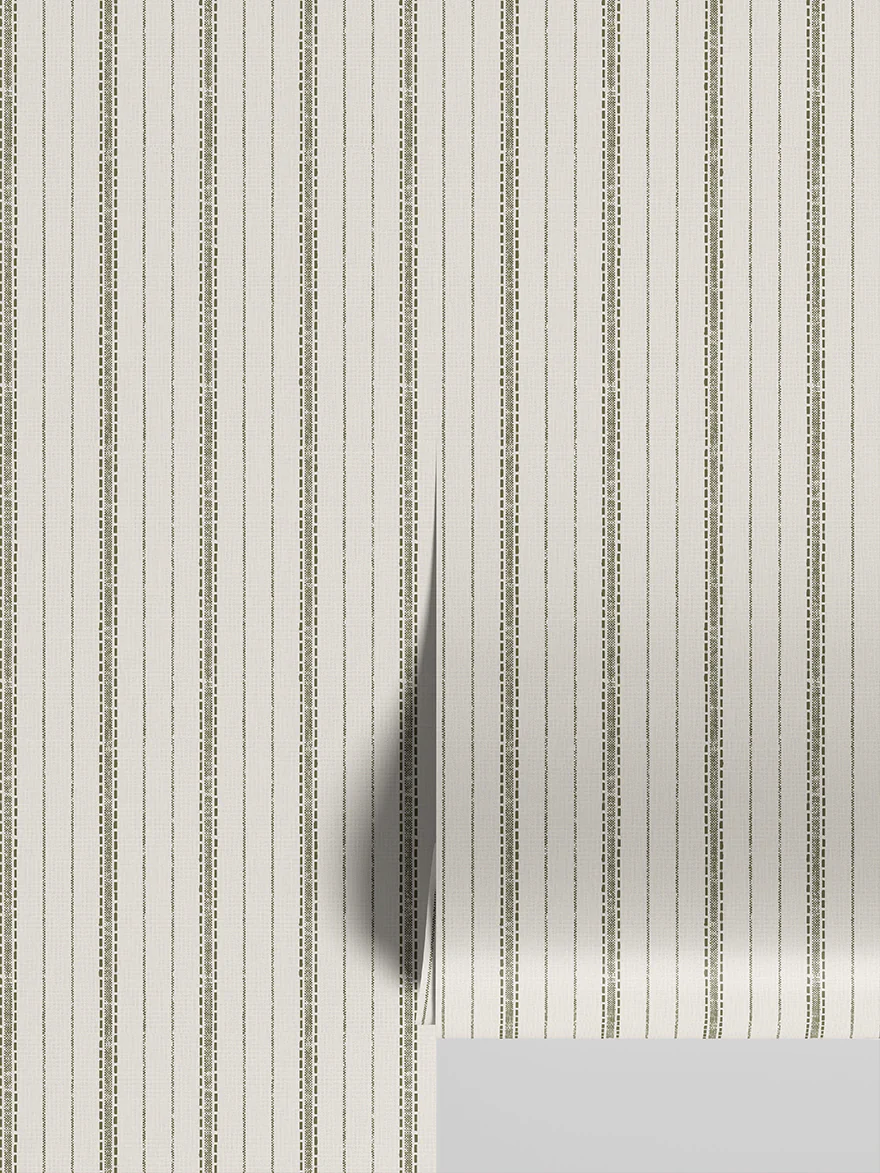 Botanical Green Ticking Stripe Wallpaper