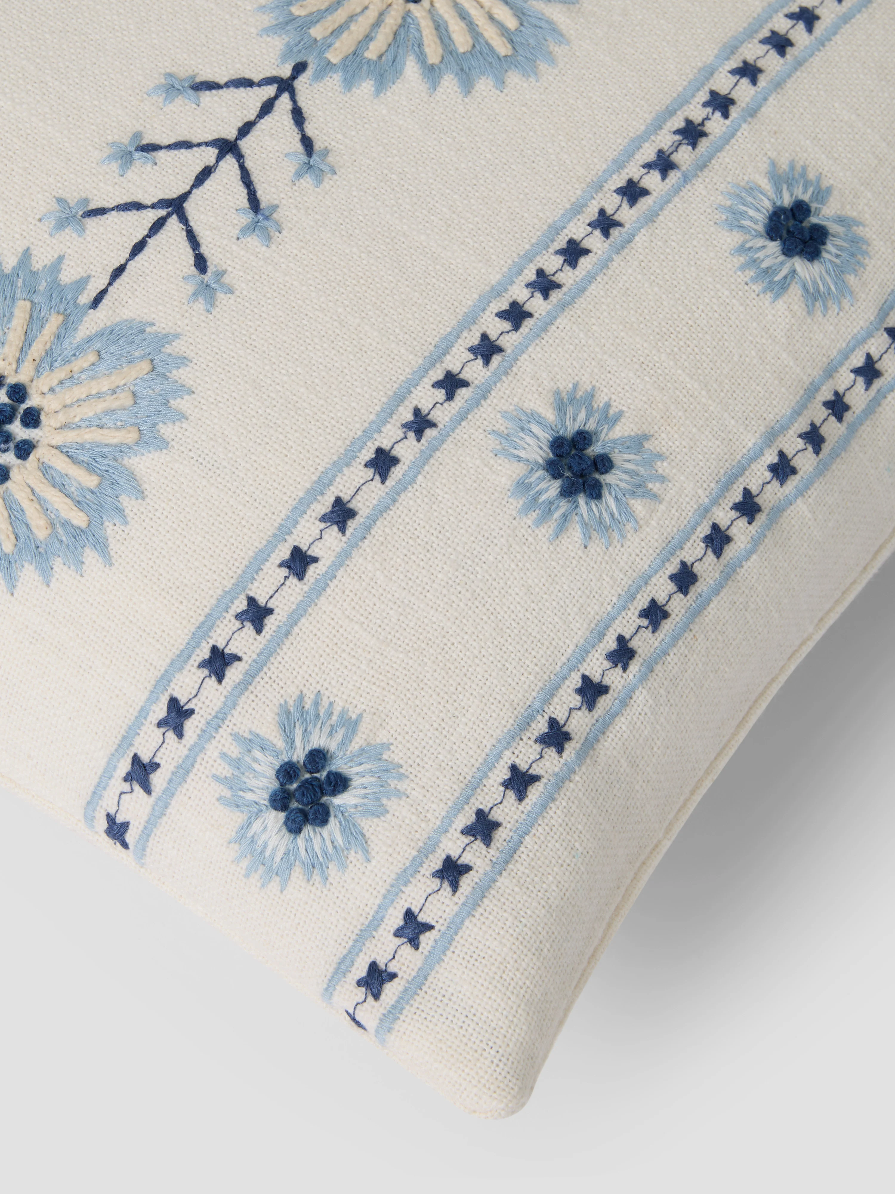 Dusk Blue Folk Floral Embroidered Filled Cushion - Image 3