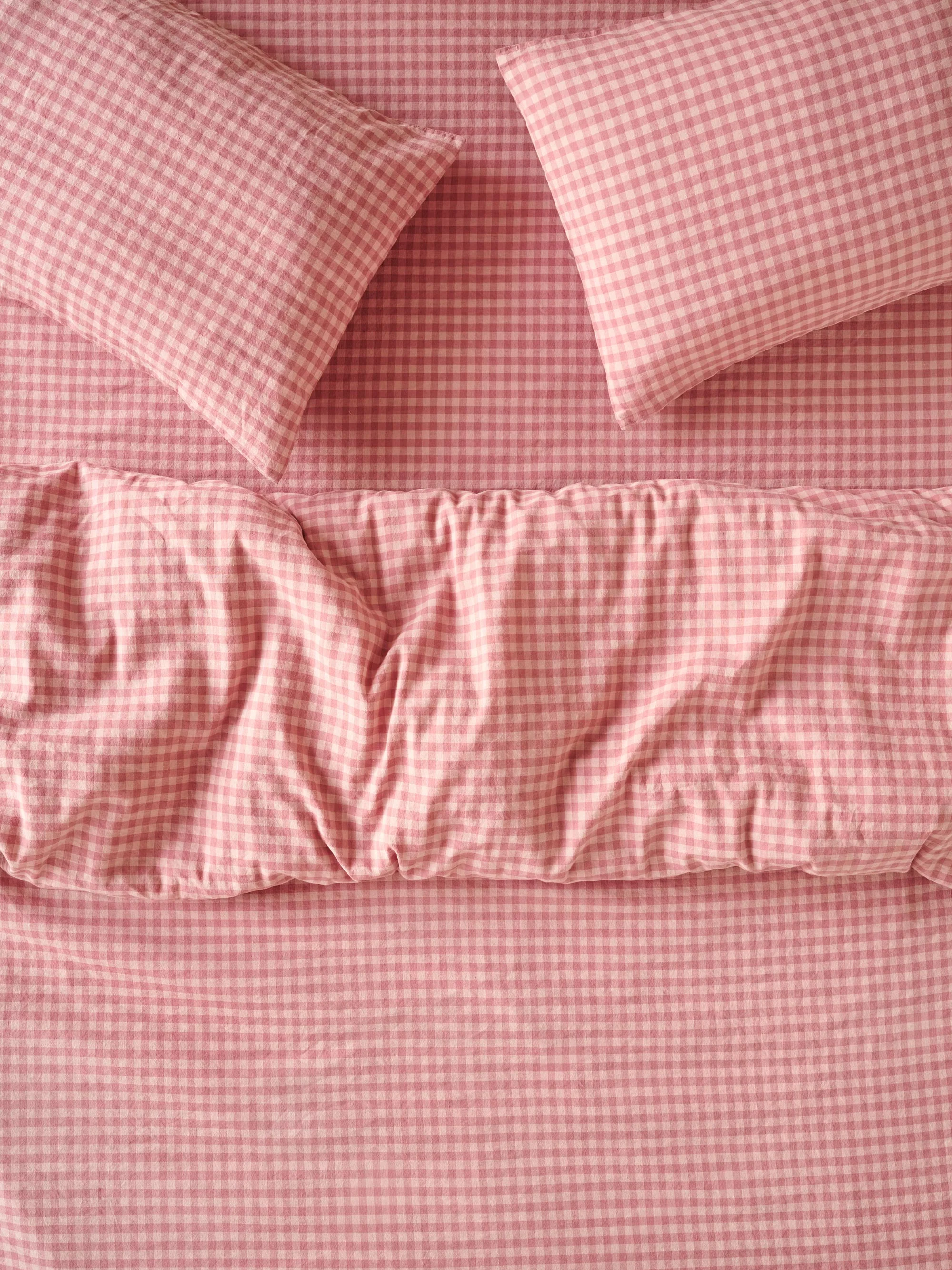Dusty Pink & Rose Colour Drenched Gingham Linen Blend Duvet Cover