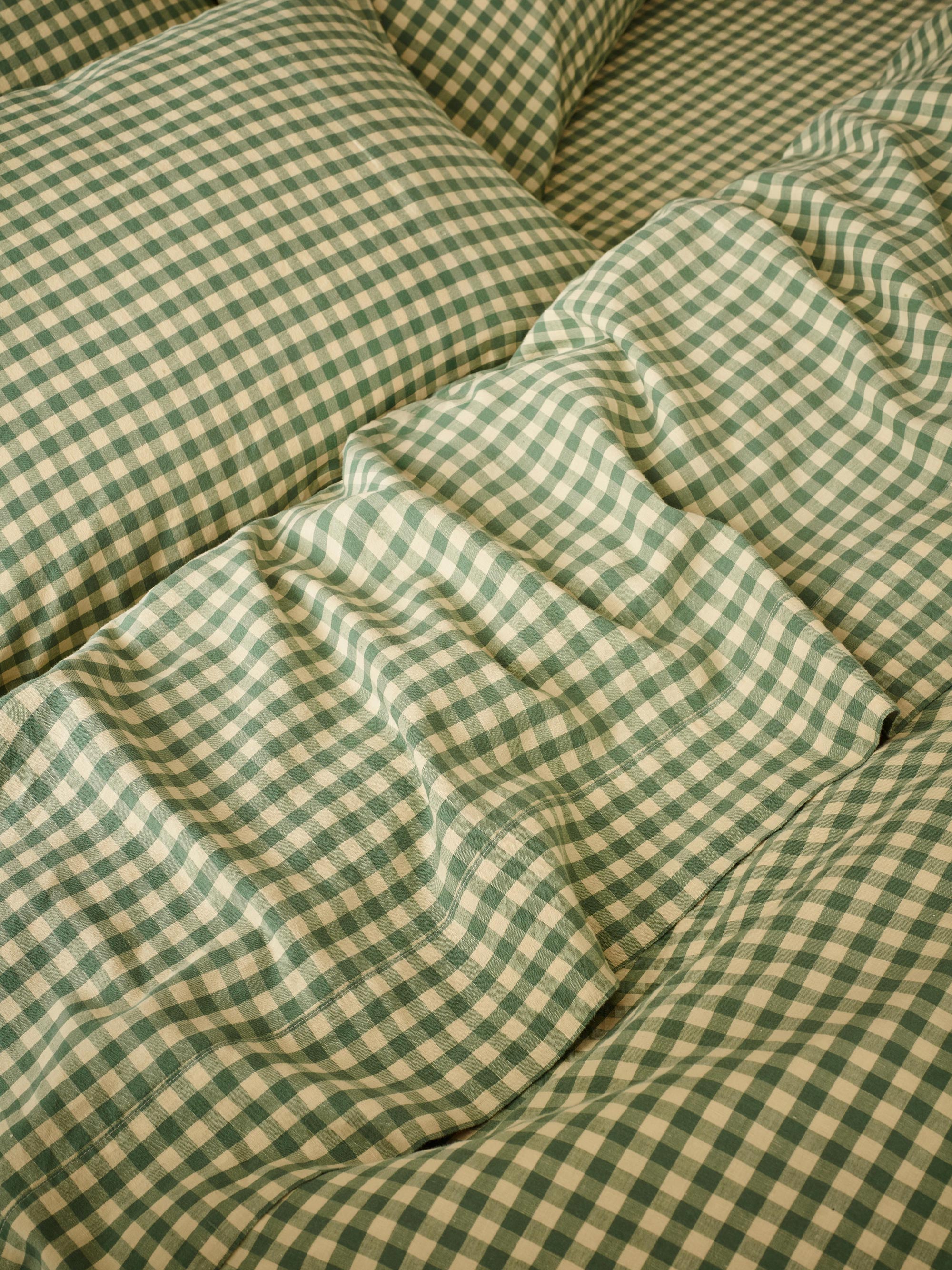 Elm Green & Butter Yellow Colour Drenched Gingham Linen Blend Flat Sheet
