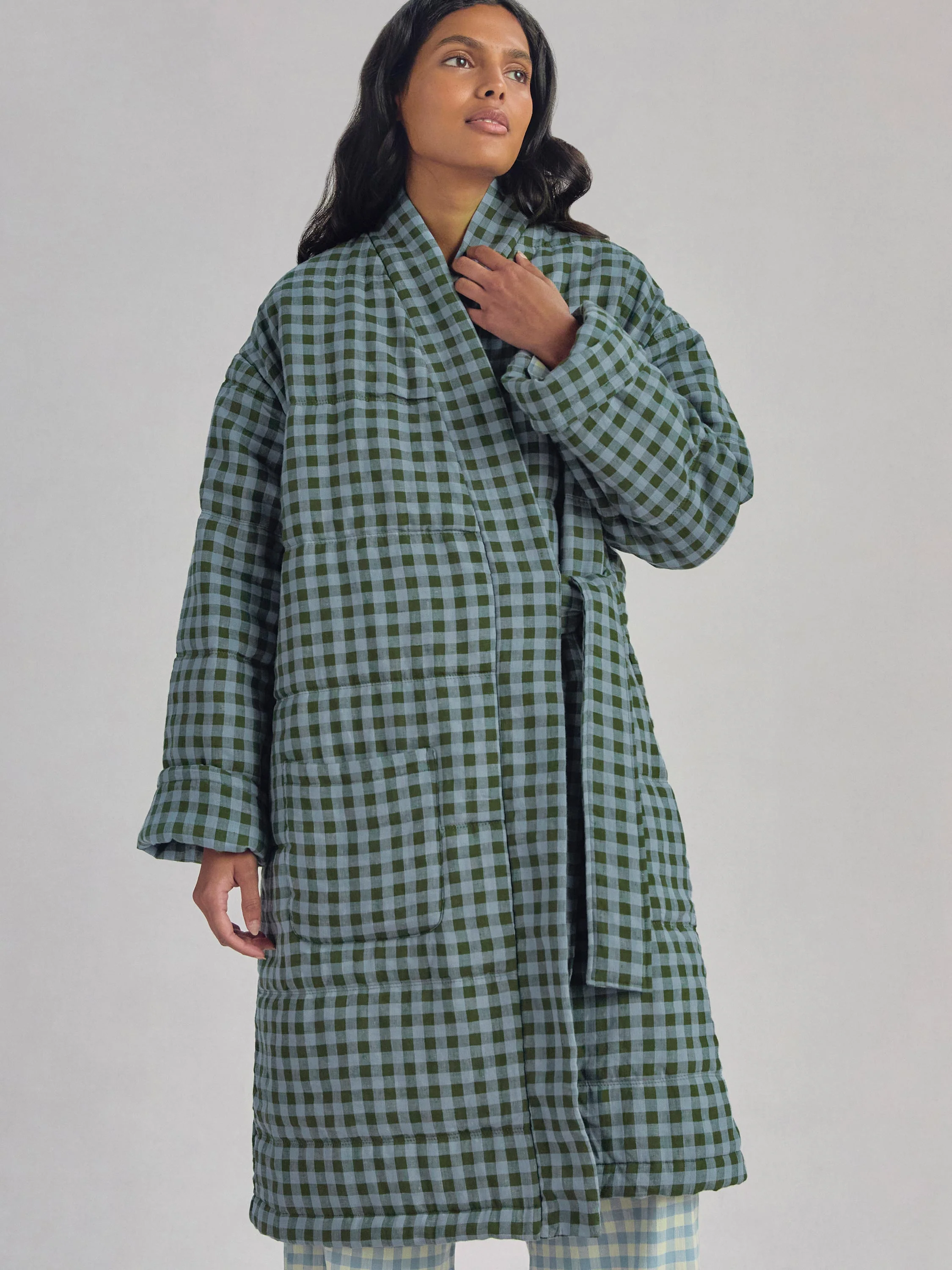 Fern Green & Dusk Blue Colour Drenched Gingham Linen Blend Housecoat - Image 3
