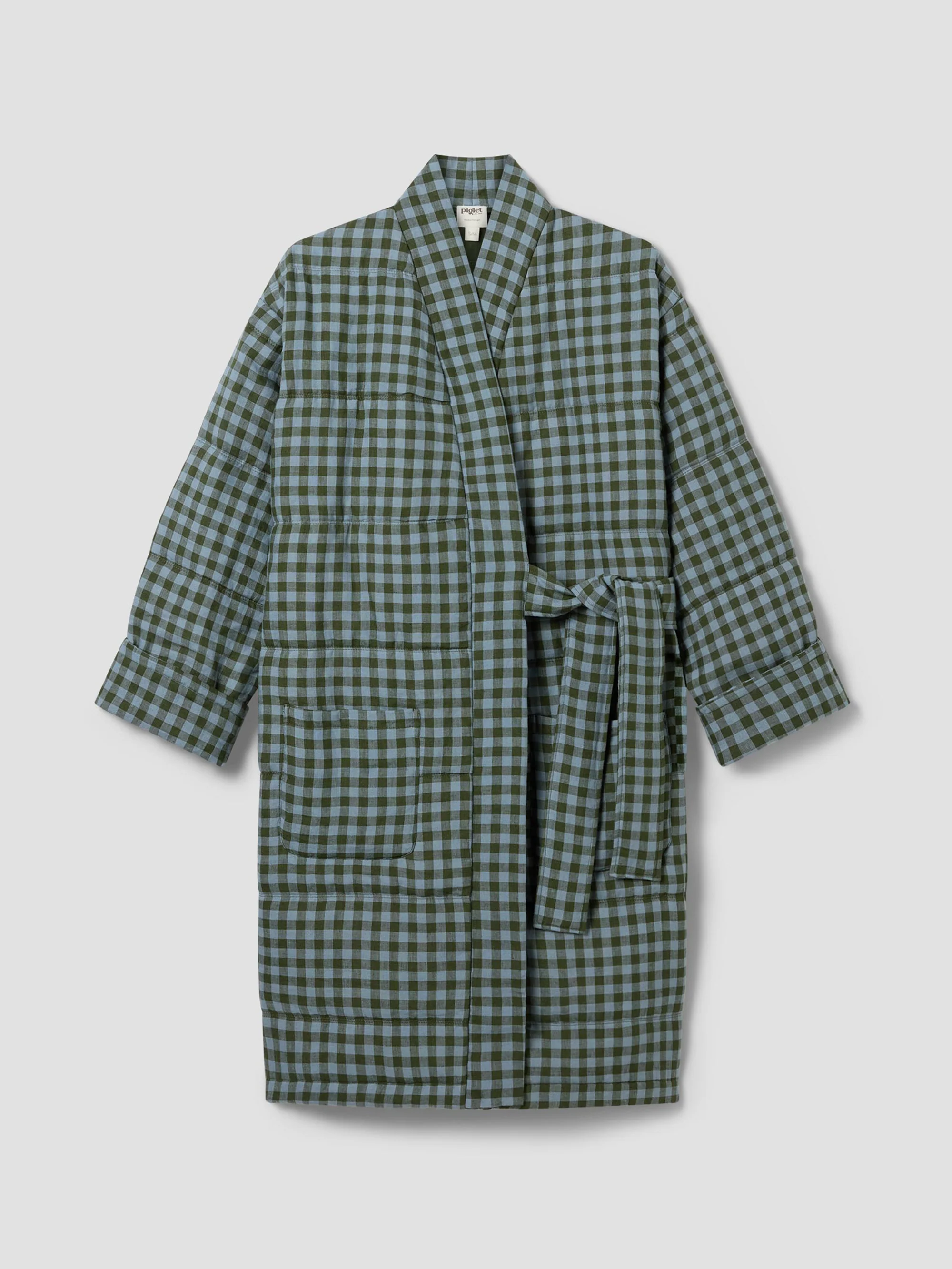 Fern Green & Dusk Blue Colour Drenched Gingham Linen Blend Housecoat - Image 4
