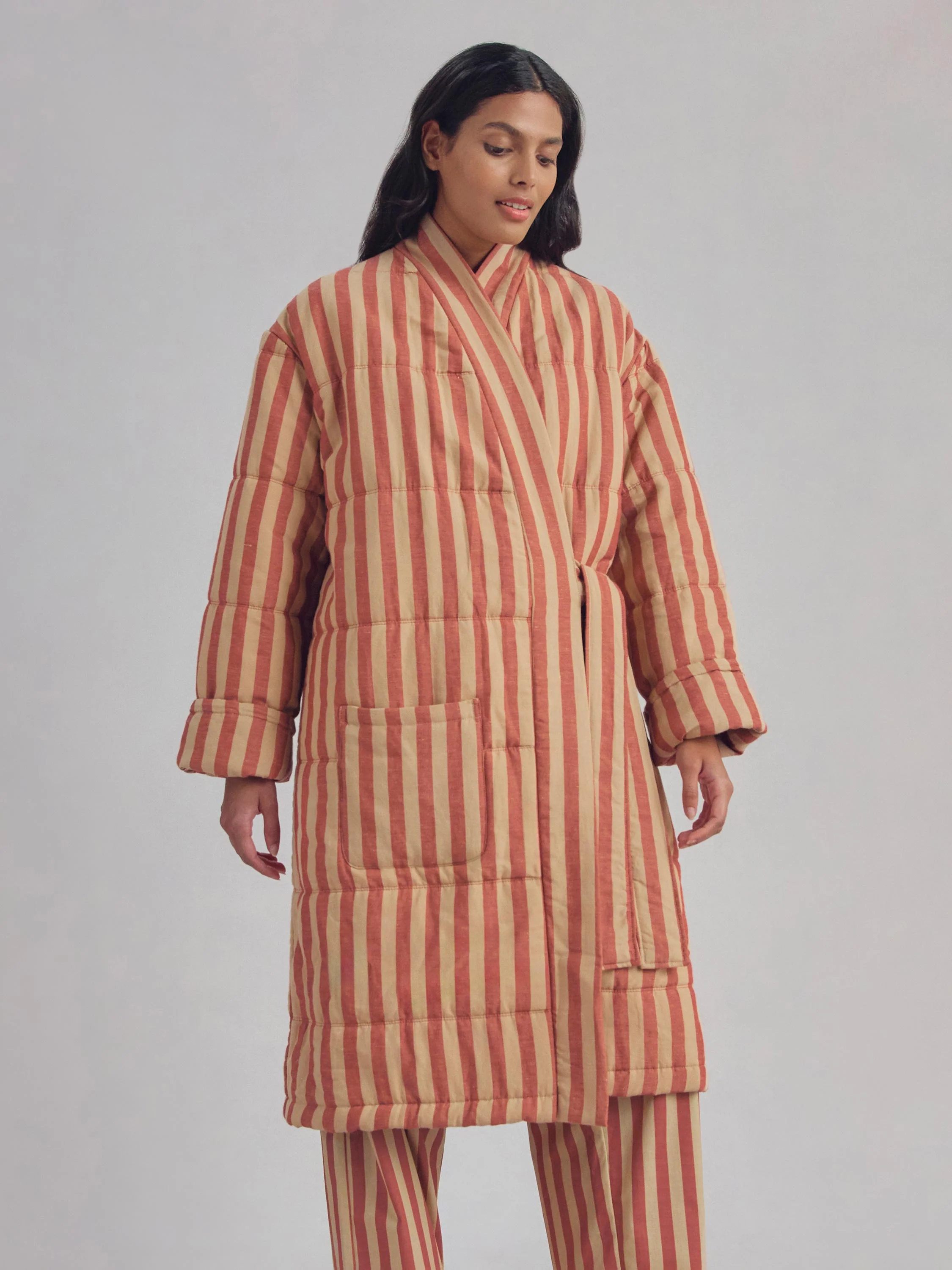 Sandstone Red Pembroke Stripe Linen Blend Housecoat - Image 3