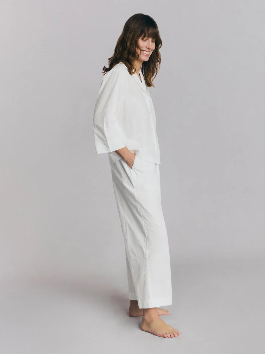 White Floral Embroidered Cotton Cropped Trouser Set - Image 3