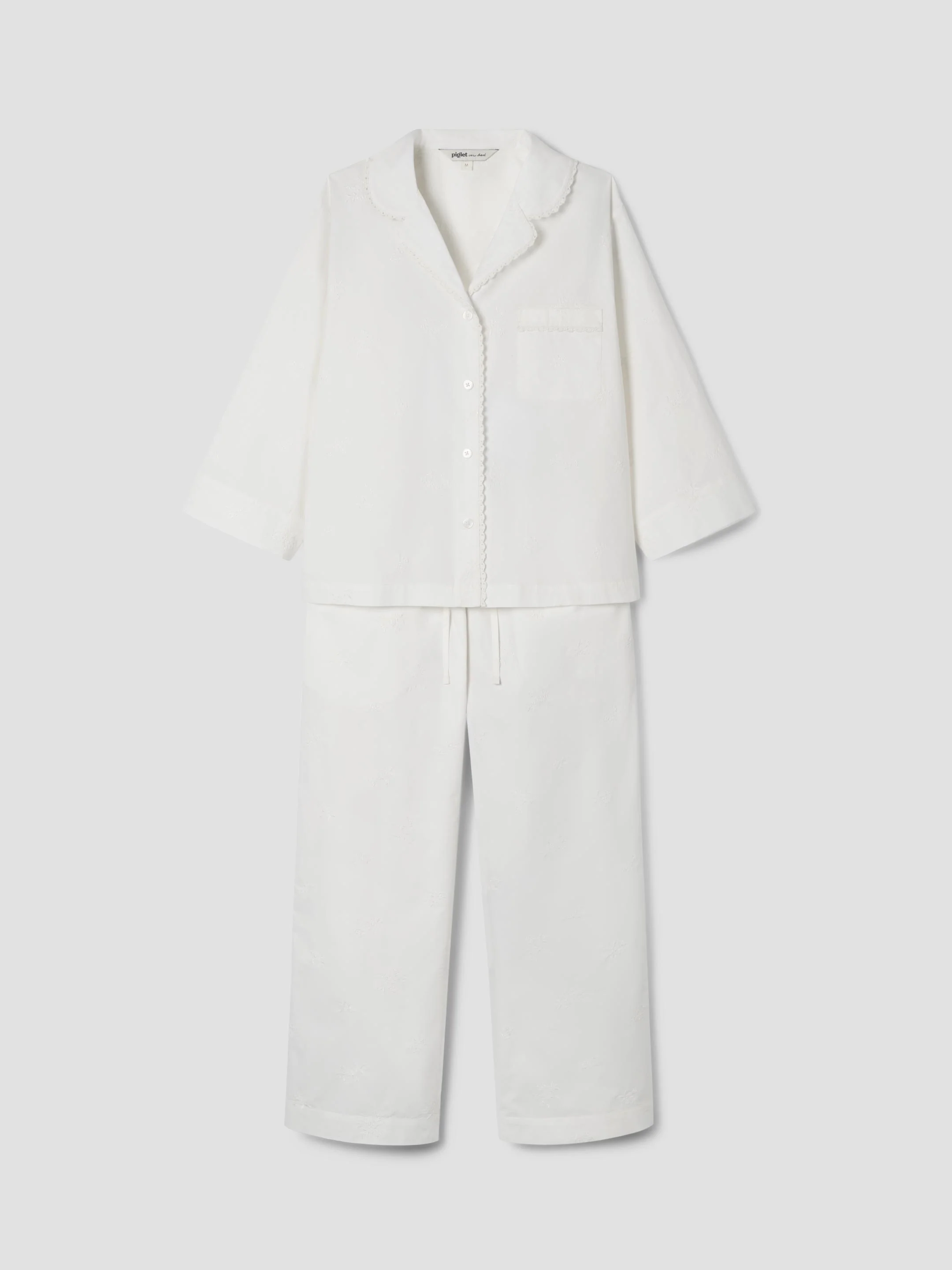 White Floral Embroidered Cotton Cropped Trouser Set - Image 4