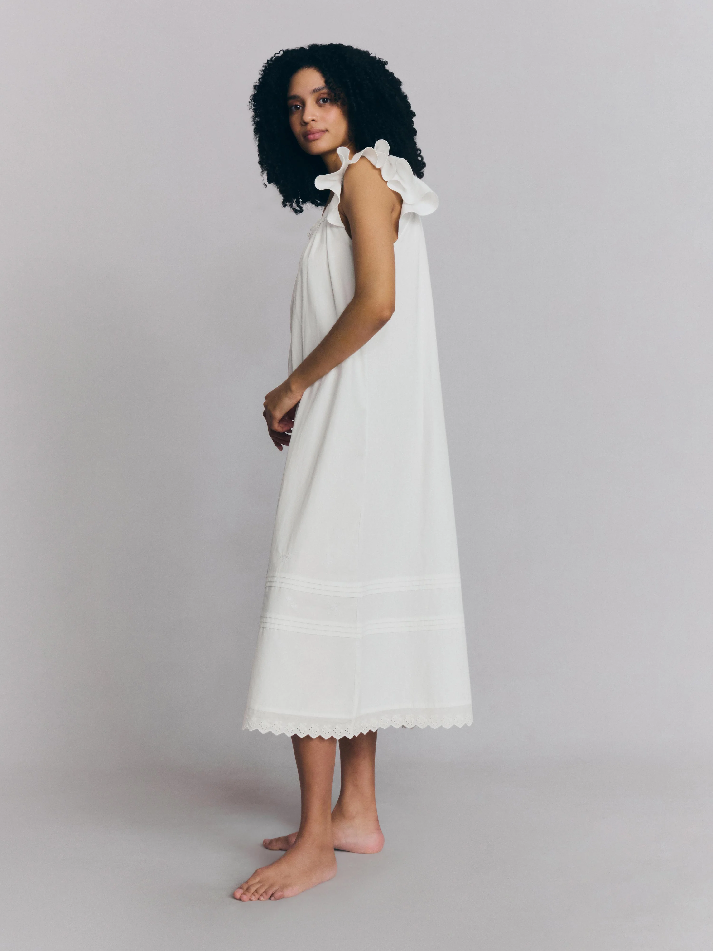 White Floral Embroidered Cotton Frill Nightie - Image 3